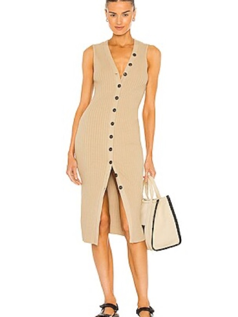 ENYA COSTA Sleeveless Ribbed Button-Front Dress in Beige BNWT MEDIUM $275 retail